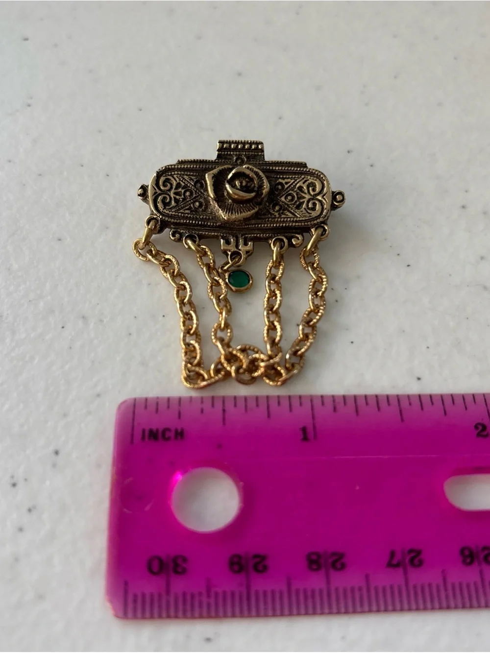 Gold-Tone Floral Chain Brooch with Green Accent